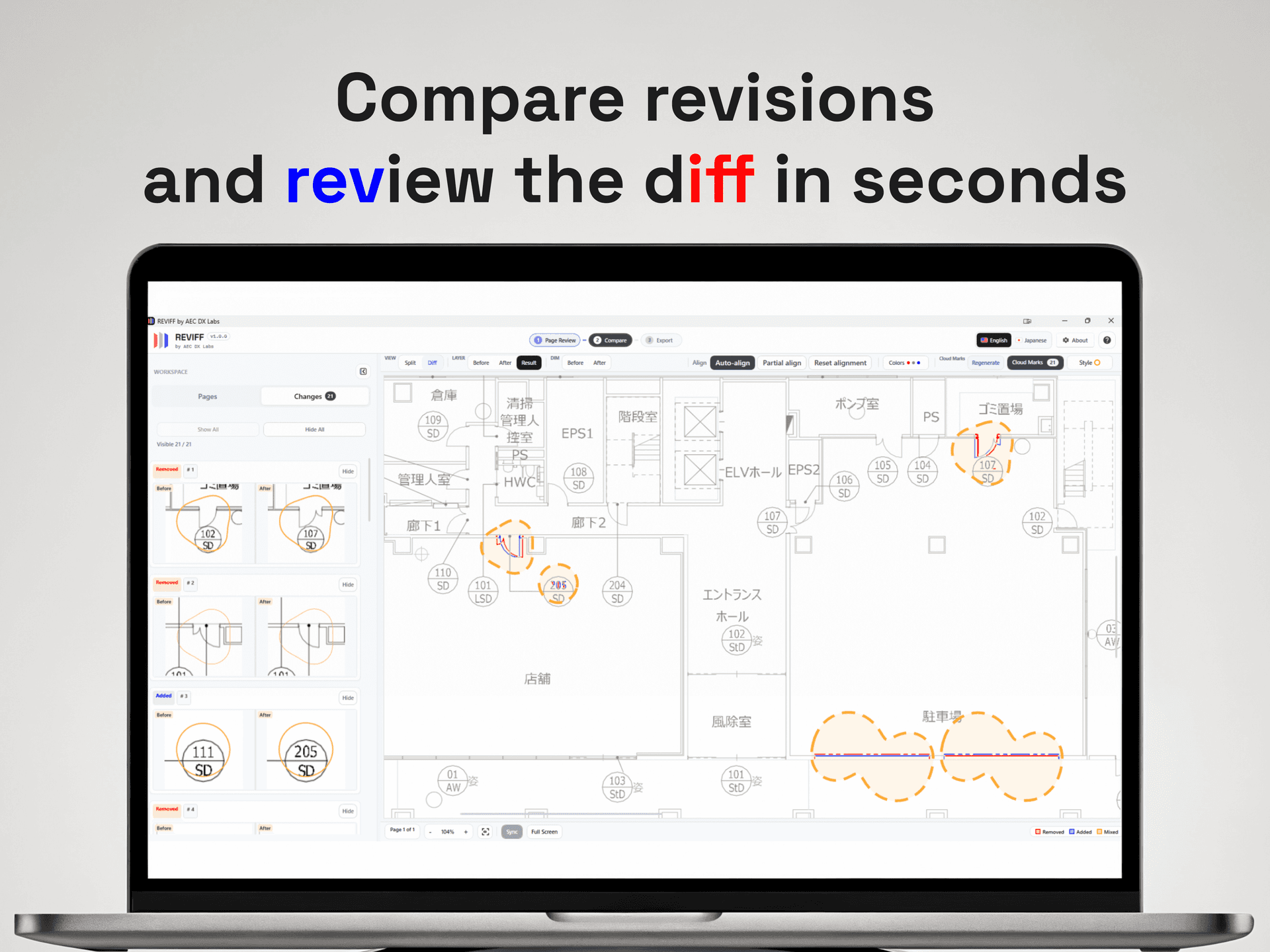 REVIFF automatically drawing revision Cloudmarks around detected changes between two PDF drawing revisions.